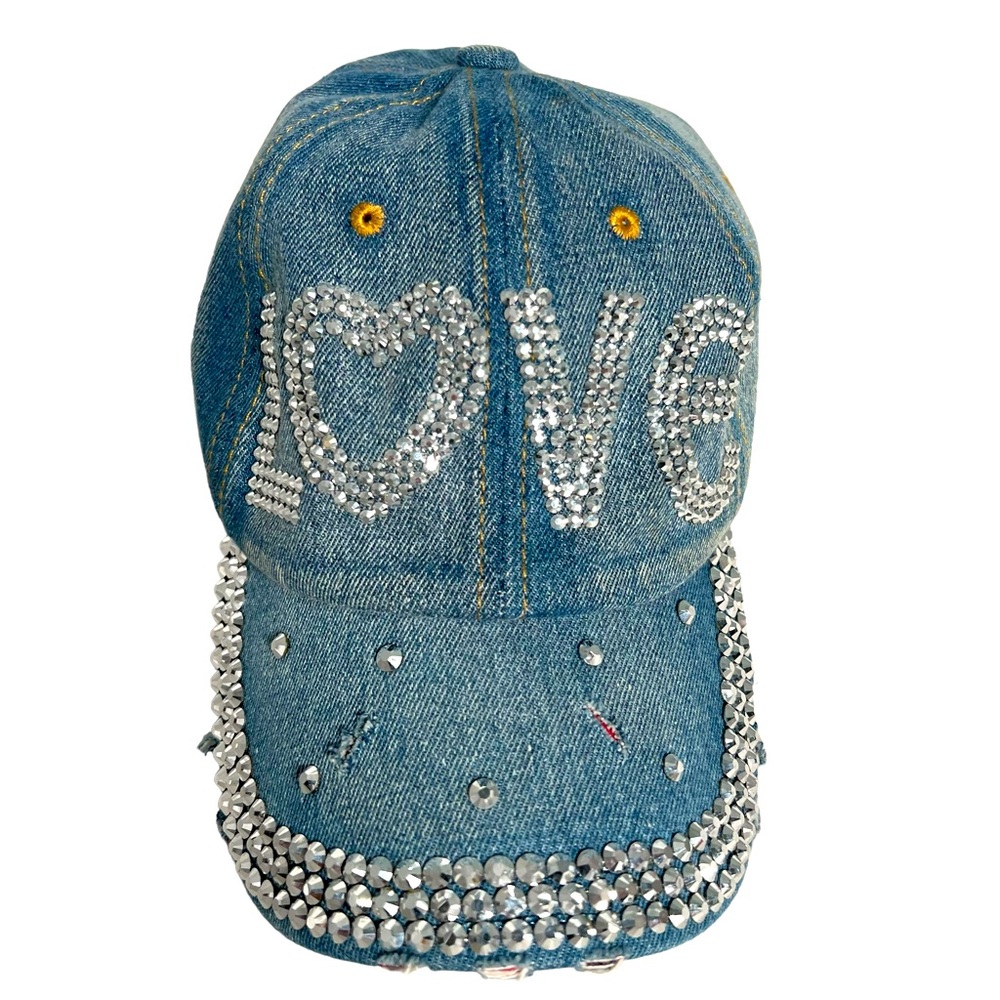 “LOVE” Denim Baseball Cap With Rhinestone Embellishments Adjustable Strap - Picture 7 of 7